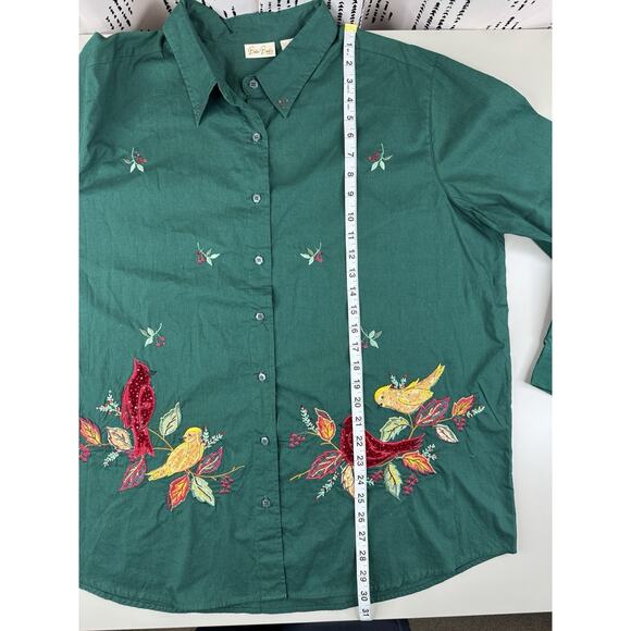 Bobbie Brooks Woman Embroidered Cardinals Button Up Shirt 18W/20W Green Birds - Picture 6 of 10